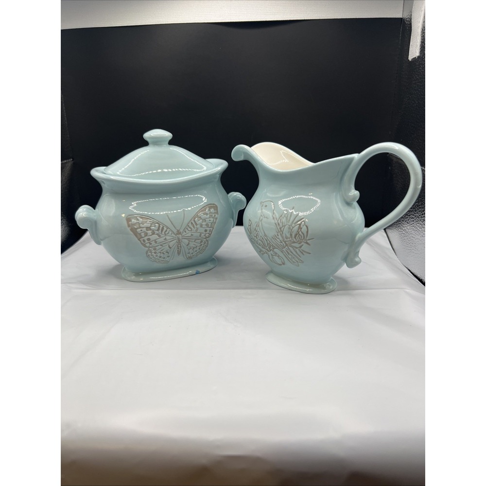 Grasslands Road Creamer and Sugar Bowl Set Blue Ceramic Bird Butterfly